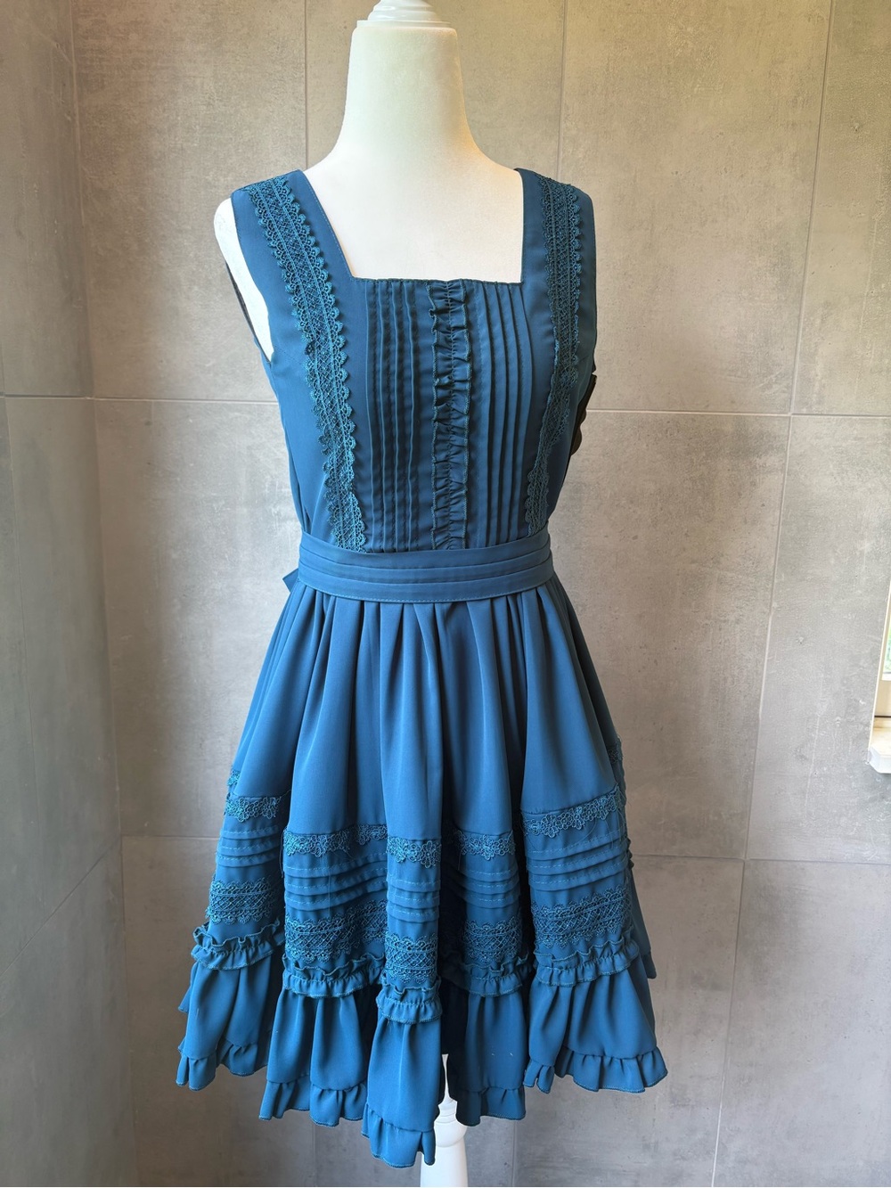Blue Sleeveless A-Line Dress with Lace Trim
